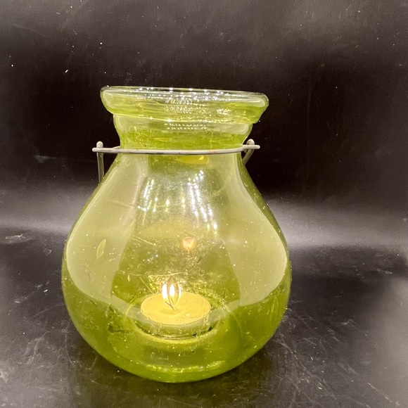 Outdoor glass tea light hanging lantern globe yellow bulbous indent candle - Picture 5 of 13